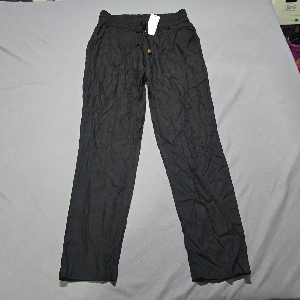 Lascana Beach Pants Women 8 Black Viscose Drawstring Elastic Waist Straight Leg
